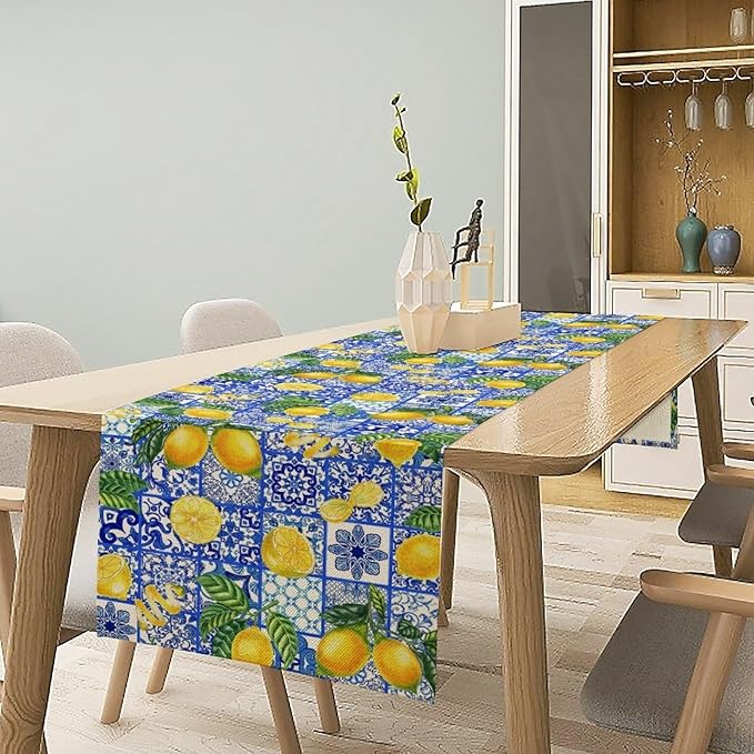 Tiles Lemon Table Runner Blue White Yellow Vintage Rustic Summer Fruit Chic Farmhouse Dining Table Decoration for Home Holiday Party Dresser Kitchen Cabin Restaurant Wedding Decor 13×90in