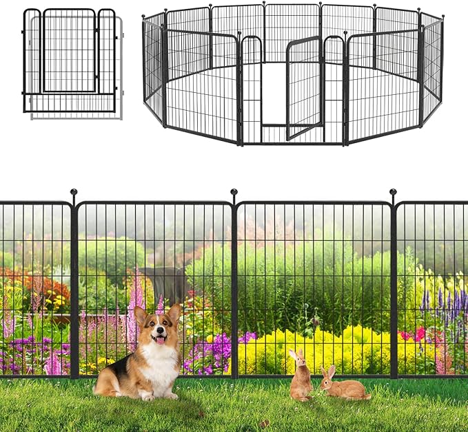 Garden Fence with Gate Metal Fencing Outdoor for Yard, 32in x28ft 12 Panels Outdoor Dog Fence Temporary Fence for Dogs Outside, Rustproof Garden Fencing Flower Bed Edging for Patio