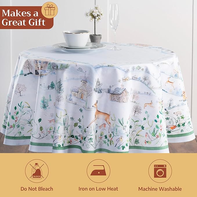 Maison d' Hermine Table Cloth Round Table 100% Cotton 63 Inches Fall Tablecloth Reusable Everyday Use for Thanksgiving Christmas Decorations Dining Farmhouse Party (Snowy World)