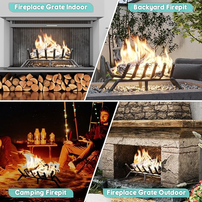 17-Inch Fireplace Grate, Heavy Duty 6-Bar Log Rack Holder Made of Solid Round Steel for Indoor/Outdoor Fire Pits, Wood Stoves & Kindling Tools