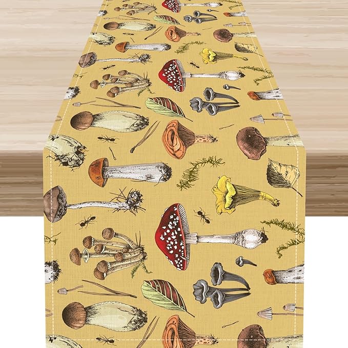Mushroom Table Runner, Rustic Farmhouse Mushroom Fall Autumn Seasonal Country Coffee Table Center Decor for Home Kitchen Dining Patio Holiday Party Indoor Outdoor Table Decorations, 13"x108" Inch