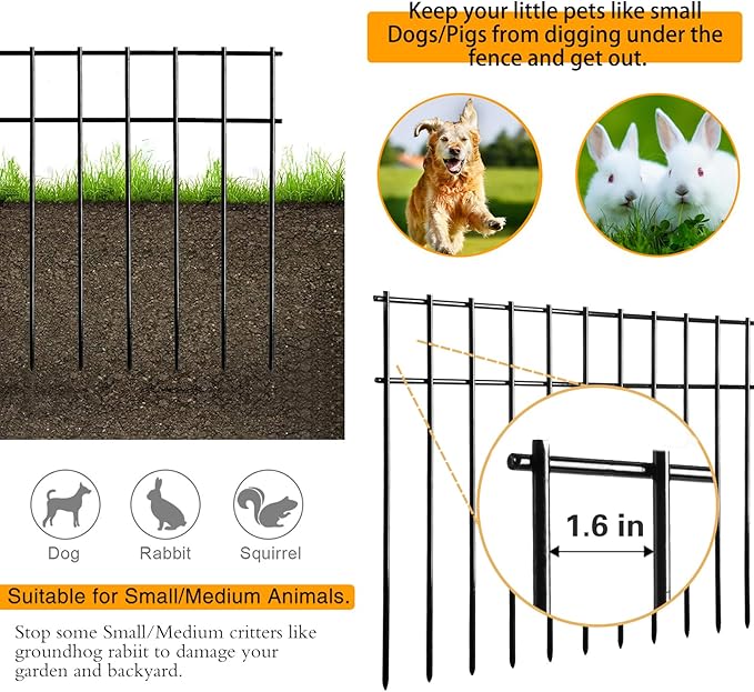 Adavin Small or Medium Animal Barrier Fence,20pack Black 20 In(L)X12 In(H) 1.6in Spacing No Dig Fence For Dogs, Metal Heavy Duty Fence for Cats Rabbits Critters, Garden Fencing For Yard. Total 33.5 Ft