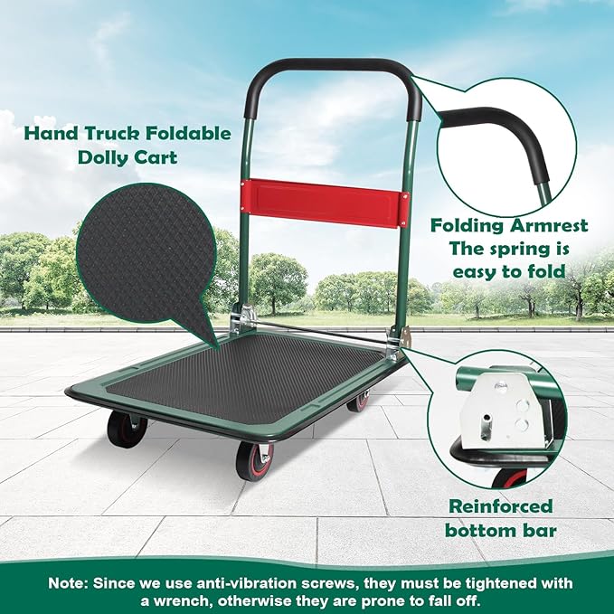 LEADALLWAY Foldable Push Cart Platform Cart (Green 330lbs with 2 Ropes, 28.7x18.5x32.3inches)