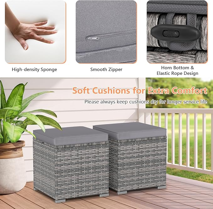 Tangkula 2 Pieces Patio Ottomans, Patiojoy Hand-Woven PE Rattan Side Table with Removable Cushion & Hidden Storage Space, Multifunctional Storage Box, Seat for Patio, Backyard, Poolside (Light Grey)
