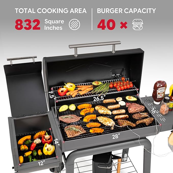 30-Inch Heavy-Duty Charcoal Grill with Digital Temperature Control & 2 Meat Probes, Outdoor BBQ Grill with Offset Smoker, 832 Sq. In. Cooking Space for Backyard BBQ, Black & Grey