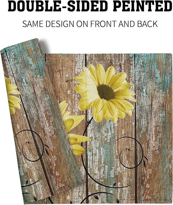 Giwawa Rustic Daisy Placemats Set of 4- Yellow Sunflowers Vintage Wood Board Linen Place Mat- Farmhouse Wooden Floral Non Slip Heat Resistant Table Mats for Kitchen Dining Cabin Lodge Decor