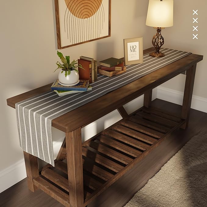 Encasa XO Cotton Dining Table Runner | Roma Grey Stripes | Size 13x72 in - Machine Washable & Durable