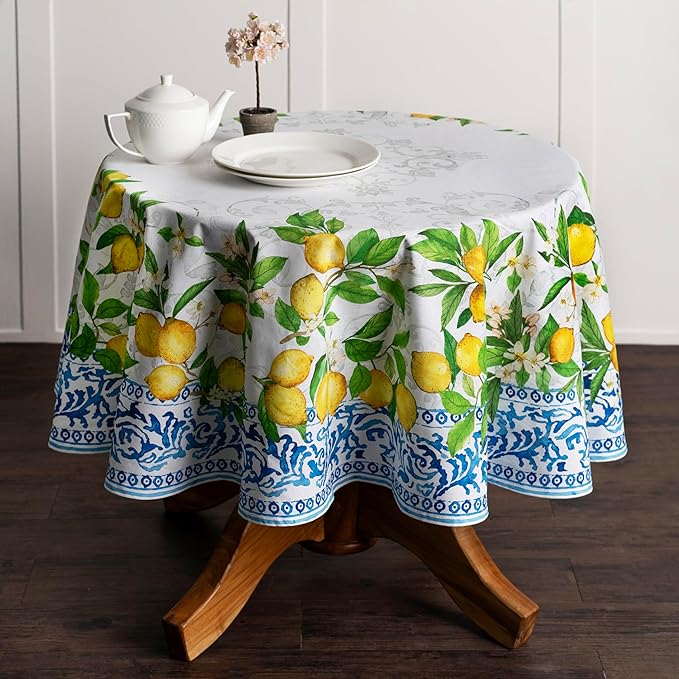 Maison d' Hermine Table Cloth Round Table 100% Cotton 69 Inches Tablecloth Reusable Decorative Everyday Use for Dining Room, Farmhouse, Home, Party, Festive & Wedding Spring Summer - Cedrat
