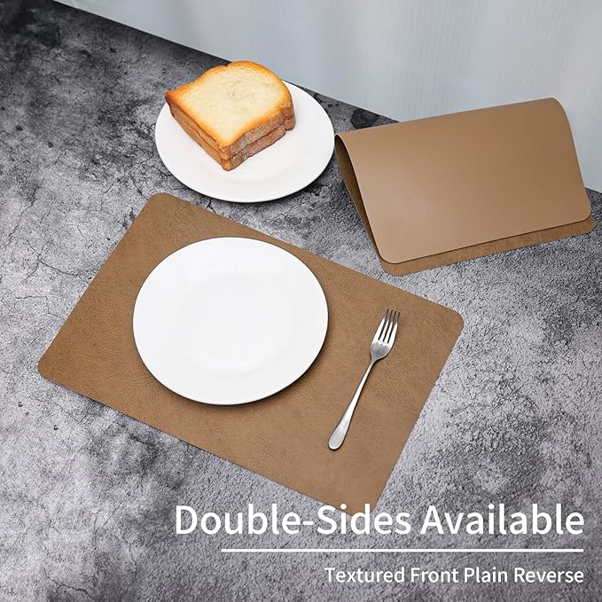 Cowhide Pattern Faux Leather Placemats Set of 6,Heat Resistant Non-Slip Waterproof Wipeable Washable Kitchen Dining PU Table Place Mats,Double-Sides Available,Light Coffee
