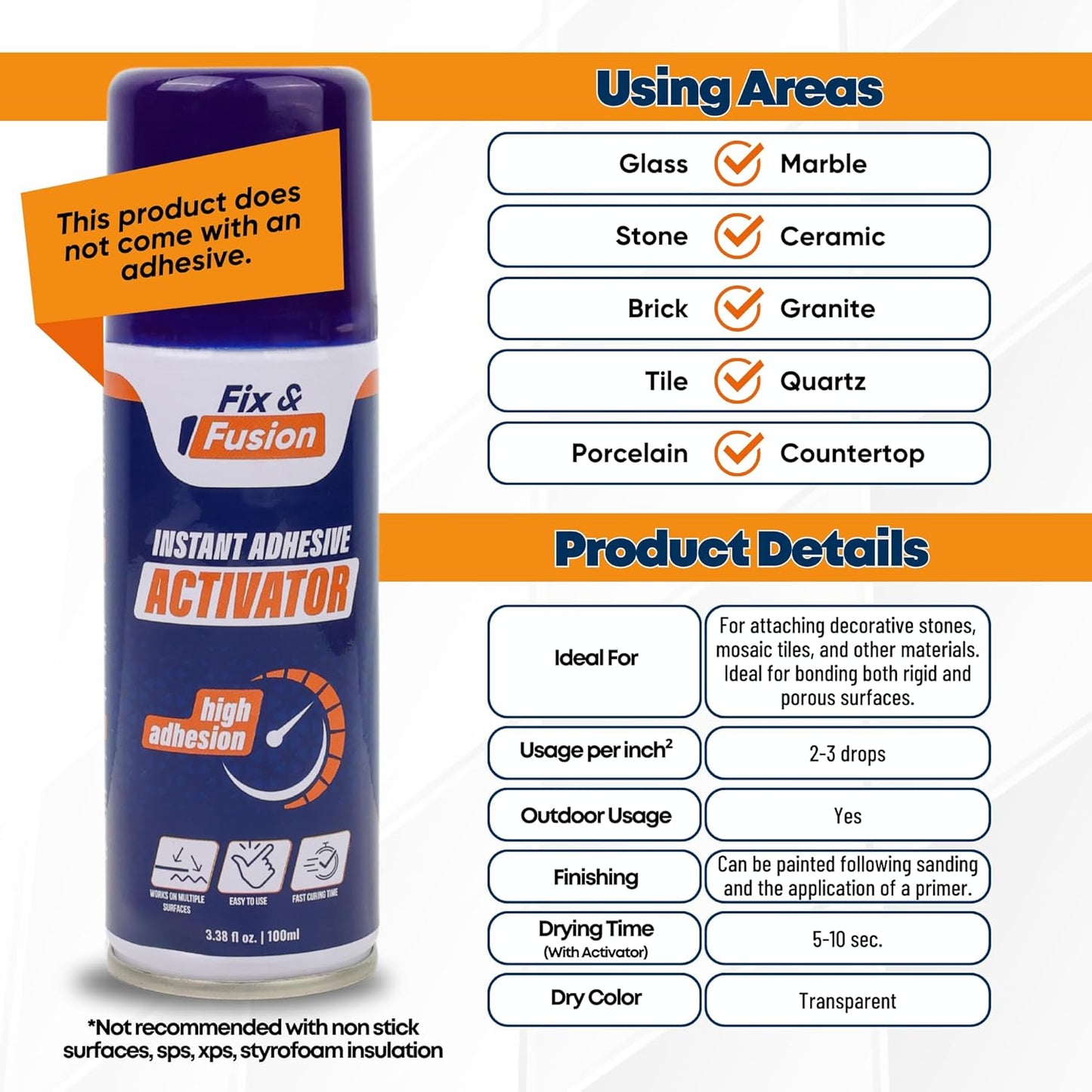 FIX & FUSION Activator Spray (3.38 Fl Oz), Instant Cure Accelerator for Cyanoacrylate (CA) Super Glue for Wood, Plastic, Rubber, Granite, and DIY & Professional, Accelerates Bonding Strength, (1 Pack)