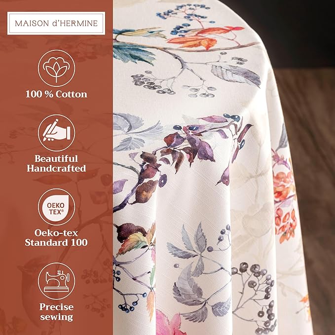 Maison d' Hermine Table Cloth Round Table 100% Cotton 69 Inches Fall Tablecloth Reusable Everyday Use for Thanksgiving Christmas Decorations Dining Farmhouse Party (Equinoxe - Beige)