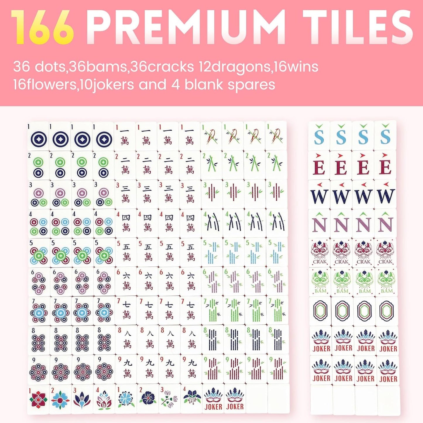 American Mahjong Tile Set,166 Tiles White Pink Acrylic Carving Tiles,Mahjong Game Set with Portable Travel case(Racks Not Included)