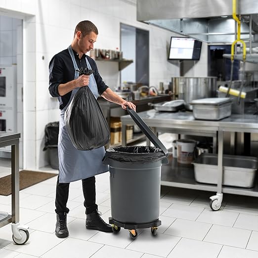 PRO&Family Commercial Round Trash Can with Lid and Dolly Rolling Waste Container, Ingredient Bin, Heavy-Duty Plastic, Anti-Static, Kitchen, Office, Outdoor Use (Gray, 20 Gallon)