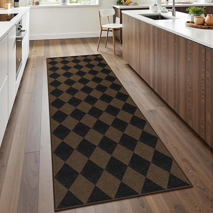 Easy Jute Checkered Runner Rug, 2.6x8 Coffee Modern Washable Rugs Runner for Hallway Non-Slip Kitchen Runner Rug, Geometric Diamond Indoor Outdoor Carpet for Porch Laundry Entryway