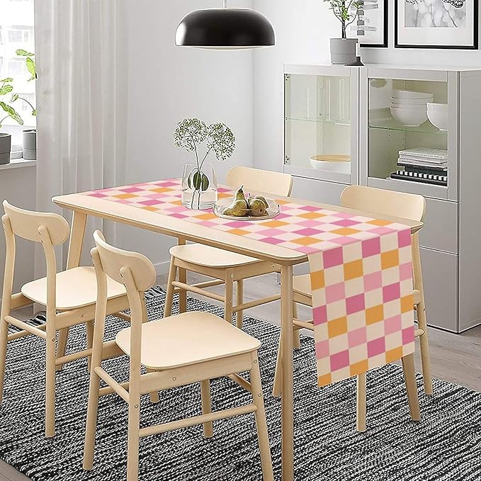 Pink Checkered Table Runner, Vintage 70s Abstract Cute Modern Hippie Table Runner for Party Kitchen Dining Home Outdoor 13x36in