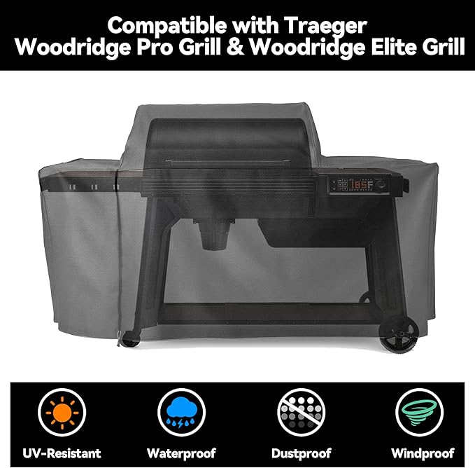 Grill Cover for Traeger Woodridge Pro & Woodridge Elite Pellet Grills, Black Waterproof BBQ Cover for Traeger Grills BAC776