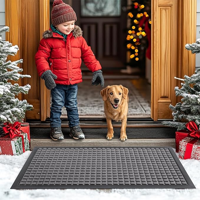 Smiry Front Door Mat Outside Entrance, Heavy Duty Natural Rubber Doormat, Non Slip, Trap Dirt and Moisture, Easy Clean, Low Profile Welcome Floor Mats for Indoor Outdoor Entry, 59x34 Inch, Mix Grey