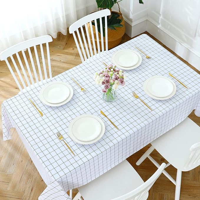 Romanstile Rectangle Vinyl Tablecloth, 100% Waterproof Oil-Proof Checkered Plastic Table Cloth, Heavy Duty Wipeable Table Covers for Dining, Camping, Picnic, Outdoor - 60 x 102 Inch, White