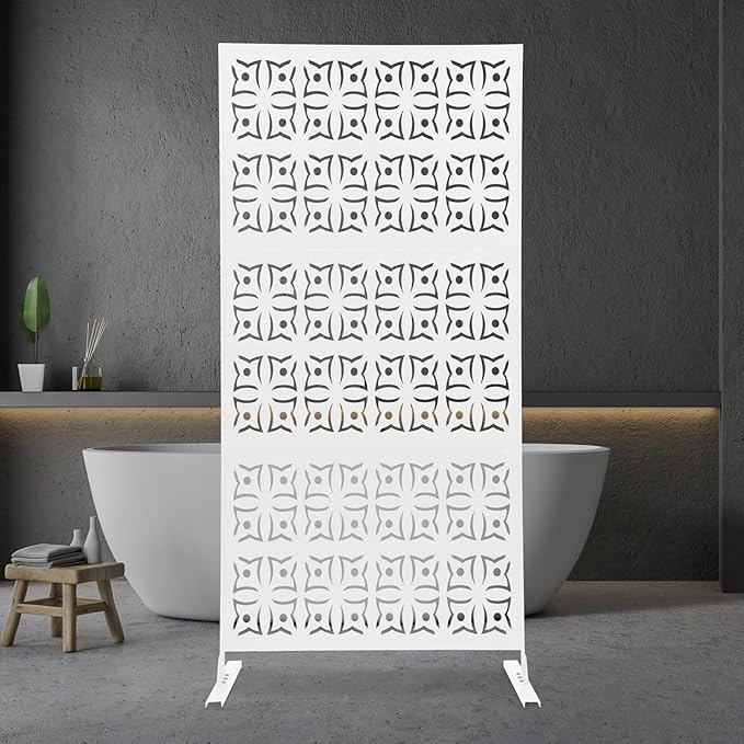 75" H×35" W Decorative Outdoor Privacy Screen with Stand, Outdoor Decor Privacy Fence Screen Metal Fence Panels, Free Standing Metal Divider for Patio Lawn Deck (White-Orchid)