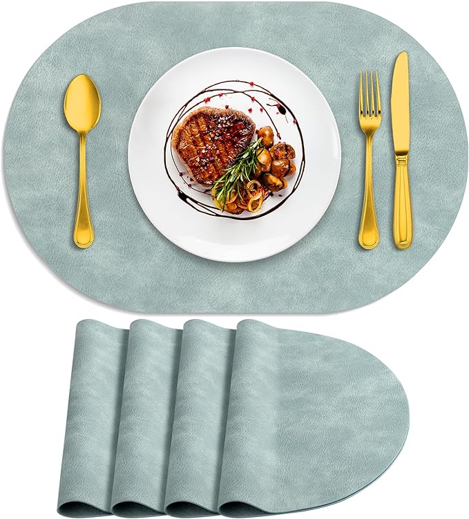 ADRIMER Placemats, Heat Resistant Oval Placemats Set of 4 Washable 12 x 17 Inch, Waterproof Table Mats, Wipeable Pu Place Mats for Kitchen, Dining Room, Light Blue