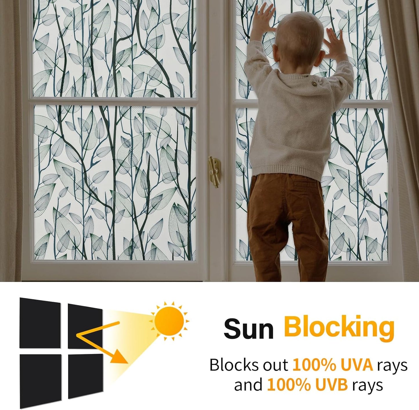 Leaf Pattern Window Tint with Installation Tools, Blackout Window Cover, Sun Blocking Window Tint for Home (Full Blackout Opaque, 35.4'' x 78.7'')