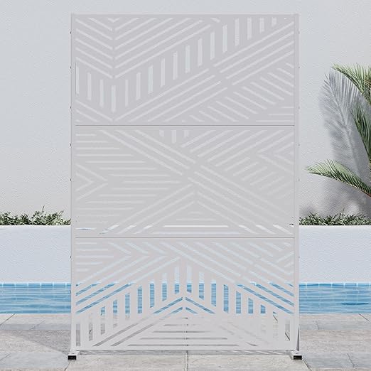 Casaphoria Metal Privacy Screen Outdoor, 72" H x 47" W Freestanding Decorative Privacy Screen for Patio Deck Balcony Garden with Stable Base, White-Ivan