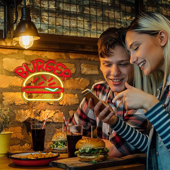 JFLLamp BURGER Neon Signs for Wall Decor Neon Lights for Bedroom Led Business Signs Suitable for Hamburger Restaurant Office Man Cave Beer Bar Pub 5V Power Adapter, 14.1 * 10 Inch(Red+ Warm White)