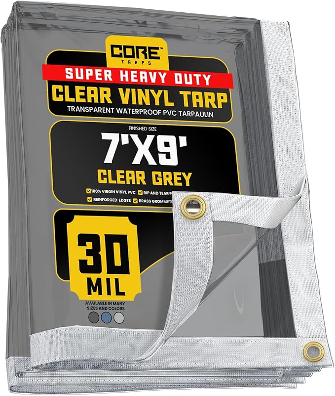 Core Tarps 30 Mil Extreme Heavy Duty Clear Tarp with Gromments - 7x9ft Super Clear Tarps Heavy Duty Waterproof Vinyl Tarpaulin, Transparent Tarp for Outdoor, Camping & Construction, Clear Grey