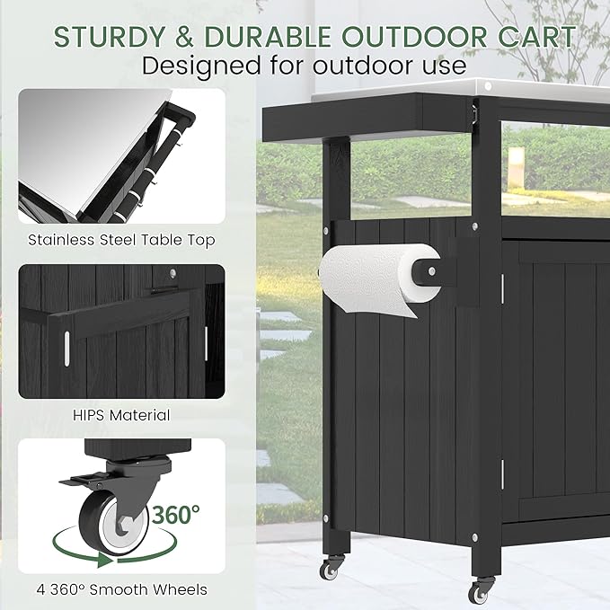 Weatherproof HIPS Outdoor Kitchen Island with Stainless Steel Top & Storage Cabinet, Movable Prep Table with Wheels for BBQ Food Prep, Outdoor Grill Cart for Parties, Black