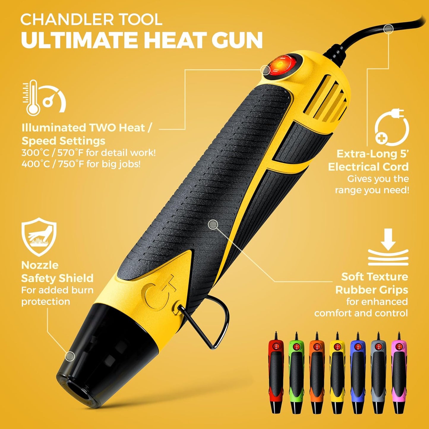Heat Gun for Crafting, Mini Dual Temp Hot Air Gun Tool for Epoxy Resin, Shrink Wrapping, Vinyl Wrap, Embossing, Electronics, Candle Making, Sublimation, Phone Repair & DIY (Yellow/Black)