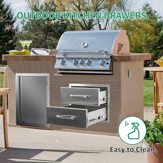 Outdoor Kitchen Drawers 18" W x 15" H x 23" D Stainless Steel Double Drawers with Ergonomic Handle for BBQ Island, Patio Grill Station & Outdoor Kitchen Cabinets