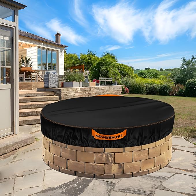 NEVERLAND Round Fire Pit Cover for In-Ground Fire Pits, 52-57 Inch Heavy Duty 600D Waterproof Outdoor Firepit Cover, Fits Built-In Stone Fire Pits, Orange