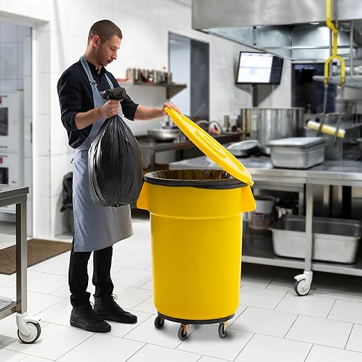 PRO&Family Commercial Round Trash Can with Lid and Dolly Rolling Waste Container, Ingredient Bin, Heavy-Duty Plastic, Anti-Static, Kitchen, Office, Outdoor Use (Yellow, 44 Gallon)