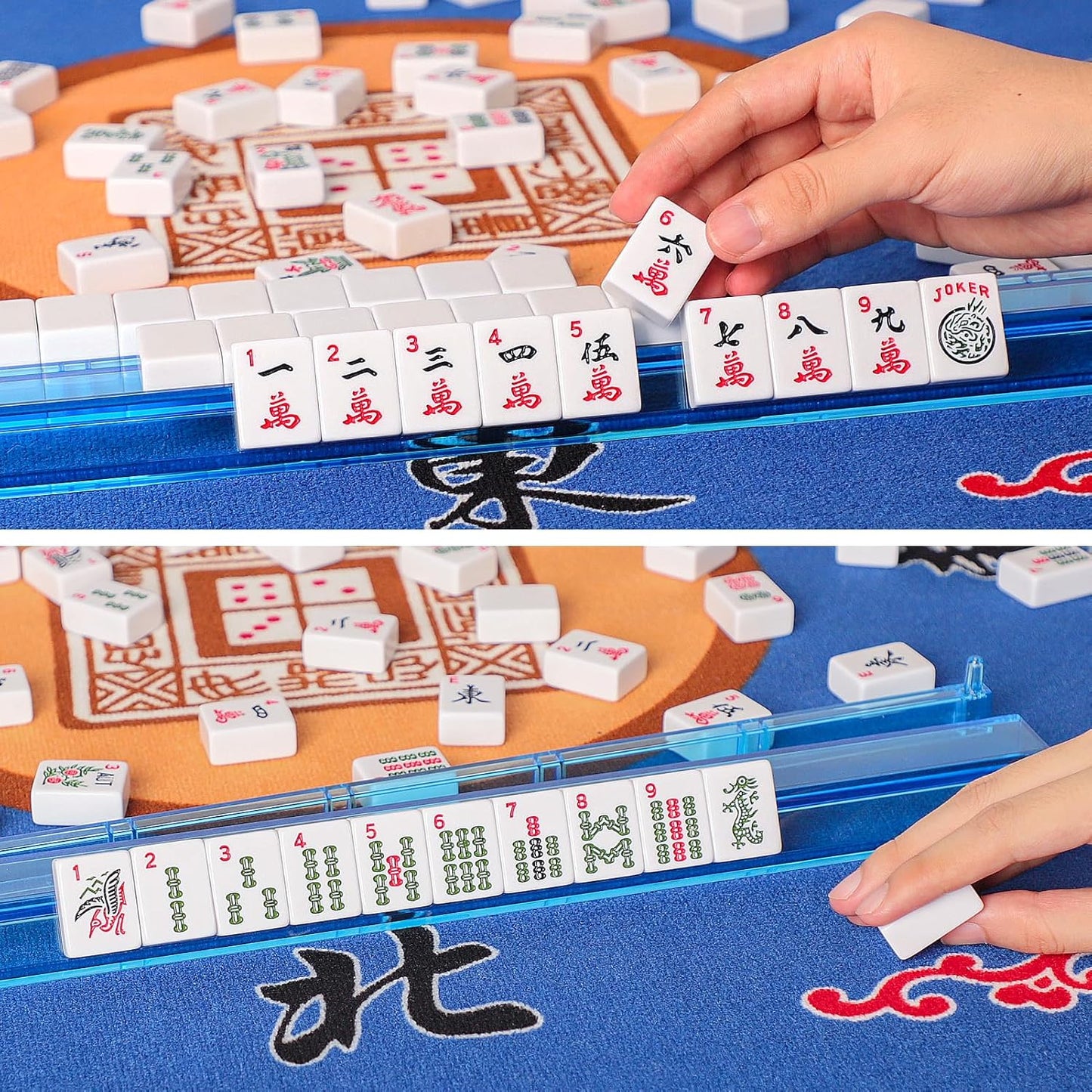 American Mahjong Game Set, 166 Quality White Tiles, 4 All-in-One Color Rack/Pushers, Mahjong Tile Set with Blue Printed Carrying Bag