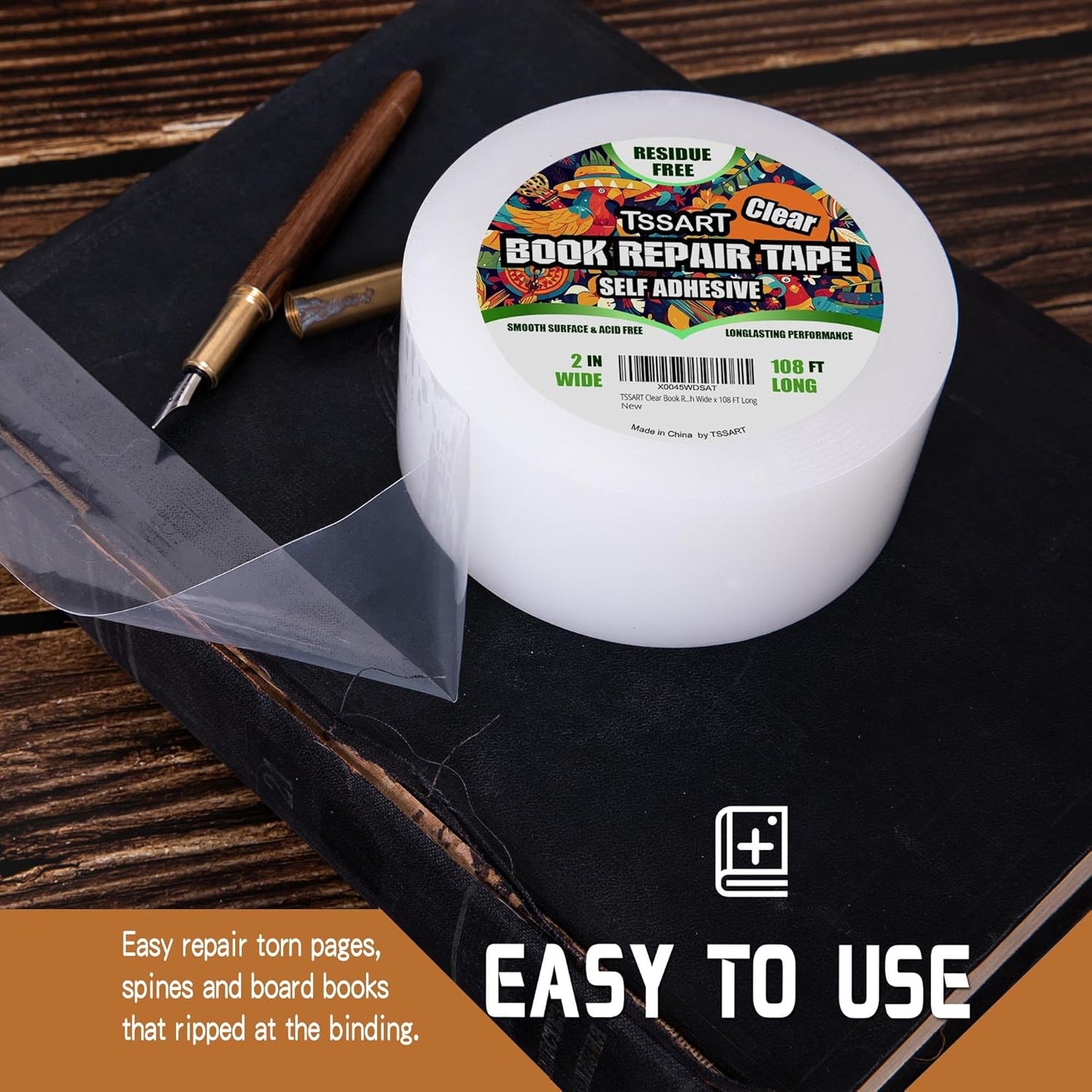 Clear Book Repair Tape - Self Adhesive Stretchable Tape, Essential Repair Tape for Reinforcing, Protecting, and Covering Old Books - 2 Inch Wide x 108 FT Long