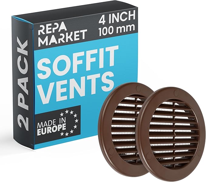 Repa Market 4 Inch (Opening) Brown Round Air Vent Cover - Pack of 2 Plastic Fresh Air Intake Vent - Grill Cover with Nylon Mesh Screen - Wall or Ceiling HVAC Return Air Register - Modern Soffit Vents