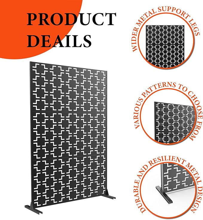 GarveeLife Metal Privacy Screen 72" h x 47" w, Outdoor Privacy Screens and Panels, Freestanding Decorative Fence for Patio Lawn Garden Deck Balcony, 3-Panel with Stand for Outdoor & Indoor Use