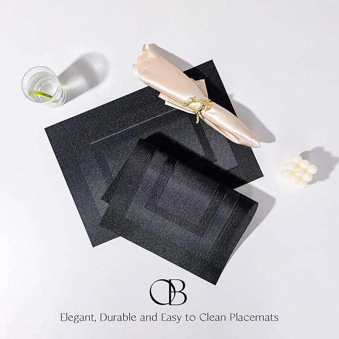 Placemats Set of 8 - Easy Clean Woven Vinyl Placemats for Dining Table, Indoor/Outdoor Place Mats, Washable PVC Table Mats（Black Cube）