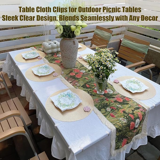 24 Pcs Clear Tablecloth Clips for Indoor Outdoor Tables, Plastic Table Cloth Holder Clips for Folding Tables, Picnic Table Cover Clip Clamps Small