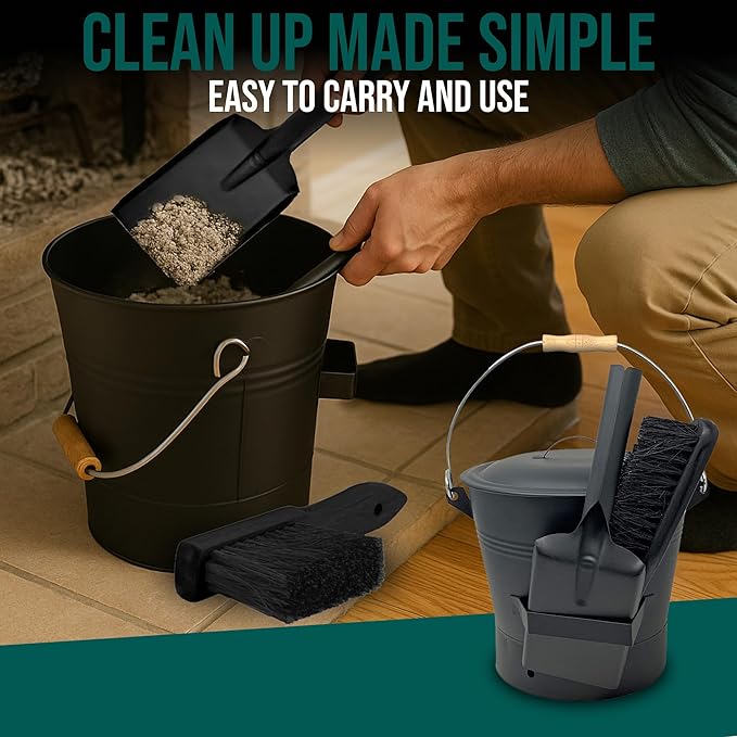 Smedley & York Black Ash Bucket with Lid, Complete Fireplace Tools Set, Includes Pail, Shovel & Broom, 2.15 Gallon Metal Coal Bucket with Accessories, Galvanized Iron Ash-Bucket for Fire Place