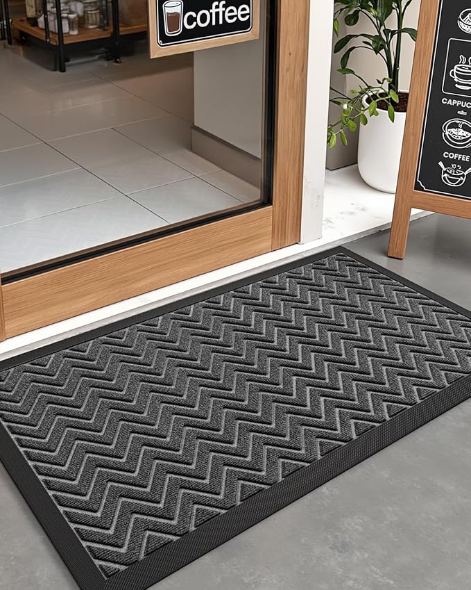DEXI Front Door Mat Outside Entrance, 2x4 ft Rubber Entry Doormat Heavy Duty, Welcome Mats Non Slip for Inside House Floor Entryway Double Doors Exterior Patio, Chevron Dark Grey