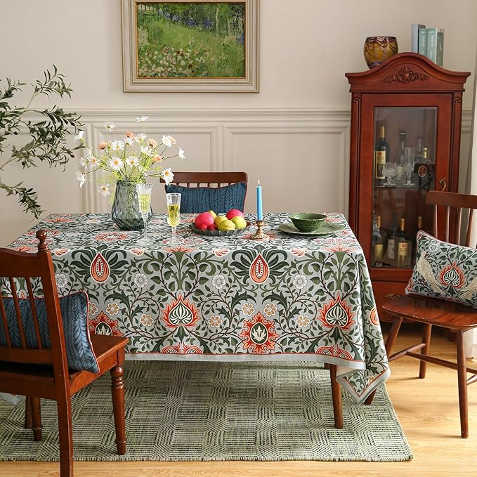 ISAENNE Designer Bohemian Linen Green Small Square Tablecloth,Floral Indoor Table Cloth,Stain Resistant Decor Tablecloths for Dining Thanksgiving Kitchen Party Christmas,55"*55"-Naples