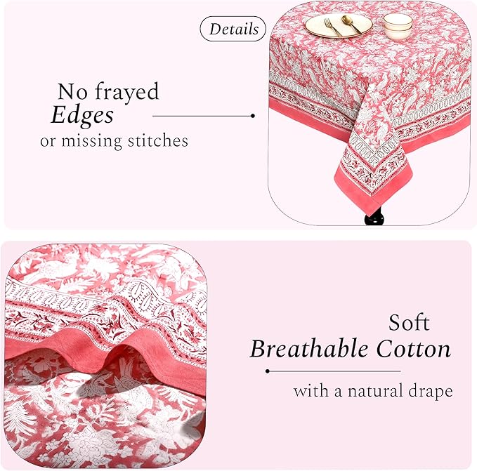 CPC Tablecloth 100% Cotton 70x108 Inch Indian Block Print Rectangle Table Cover, Pink Table Cloth for Weddings, Thanksgiving and Christmas - Pink Coral