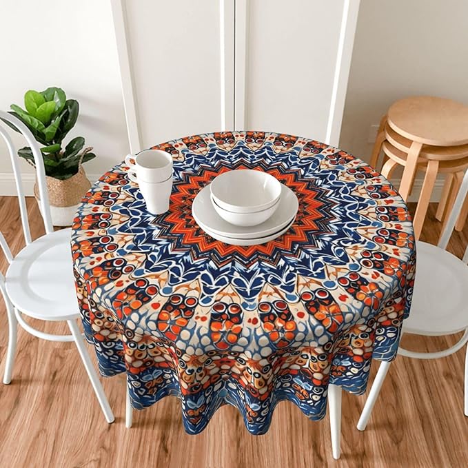 Bohemian Round Tablecloth Colorful Boho Bohemian Tablecloth 60 Inch Waterproof Rustic Table Cloth Fabric Farmhouse Stripe Decorative for Picnic Party Holiday Home Indoor Outdoor