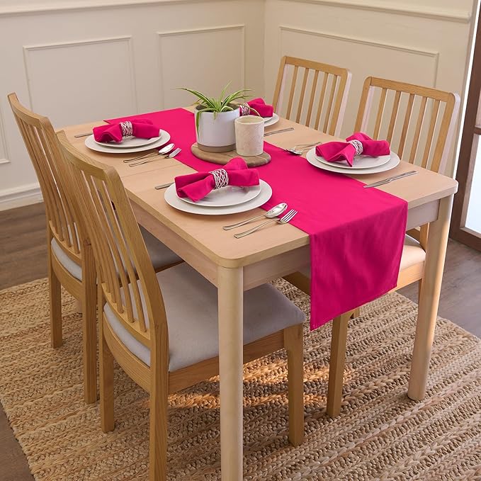 Encasa XO Table Runner 13"x104" Long | Cotton Canvas Fabric | Hot Pink Solid Color | Machine Washable & Durable