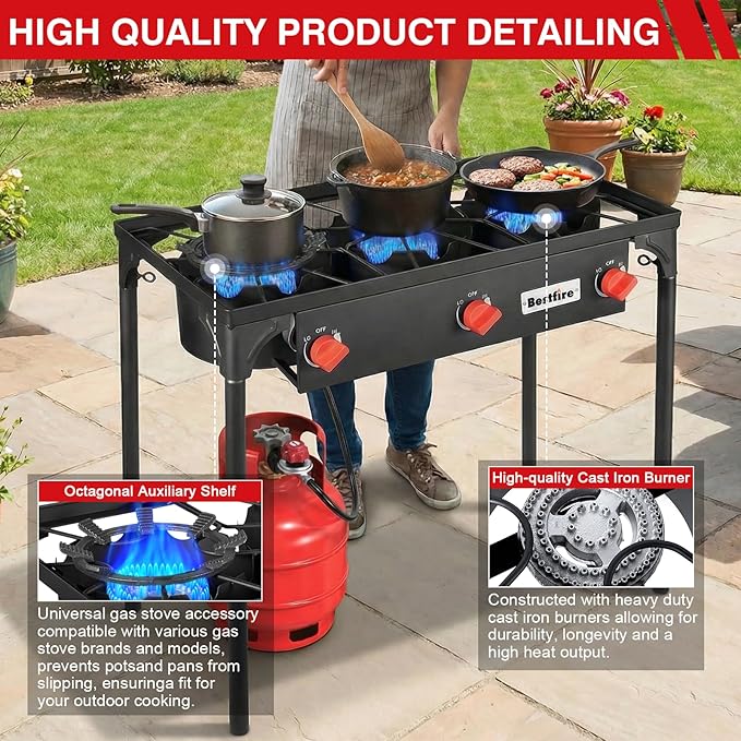 Bestfire 3 Burners Camping Stove for Cooking Outdoor, 225,000 BTU Propane Burners with Ignition wire&Removable Legs, Temperature Control Knobs and 20 PSIG High Pressure Regulator for BBQ