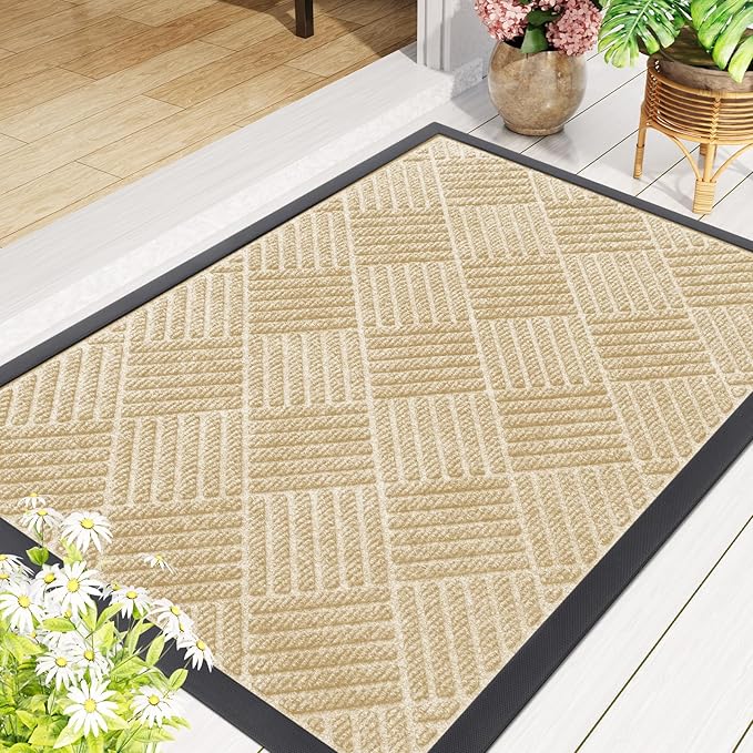 Smiry Front Door Mat Outside Entrance, Heavy Duty Outdoor Indoor Natural Rubber Doormat, Non Slip, Trap Dirt and Moisture, Easy Clean, Low Profile Patio Porch Entryway Mat, 71x47, Beige