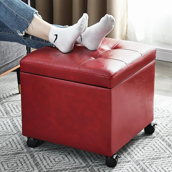 Homebeez Storage Ottoman Footrest Stool with Rolling Wheels, Red PU Leather Tufted Cube with Hinged Lid, 17.7" Multifunctional Furniture for Living Room, 300lb Capacity