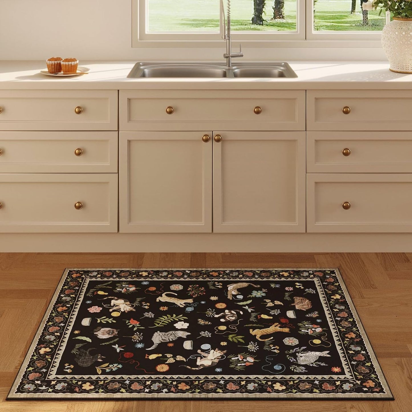 Rugcomf Door Mat Indoor Entrance 2x3 Rug Machine Washable Boho Floral Animal Cat Small Area Rug Non-Slip Low Pile Throw Rugs for Entryway Kitchen Front Door Indoor Entrance Entry Kids Room, Black