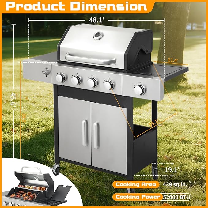 CIG GARDEN 4 Burner Propane Gas Grill with Side Burner, 52,000 BTU BBQ Grill with Cast Iron Grates and Double-layer Stainless Steel Lid, Outdoor Barbecue Grill Perfect for Balcony, Backyard, Camping